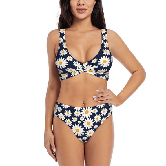Kdxio Daisy Floral Print Women's 2 Piece High Waisted Wrap Spaghetti Strap Summer Swimsuit Bikini Set-