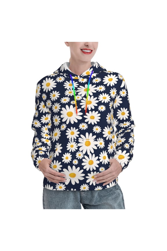 Daisy Floral Print Womens Oversized Hoodies Sweatshirts Hooded Pullover Tops Sweaters Casual-X-Large