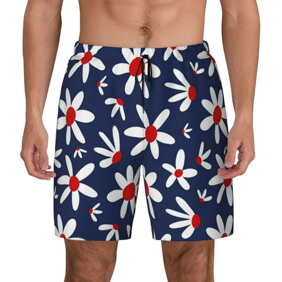Kdxio Daisy Flowers Print Men's Swim Trunks with Compression Liner 7 Inch Inseam Quick Dry Swim Shorts