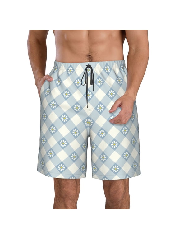 Daisy Plaid Blue Pattern Mens Casual Shorts - Drawstring Summer Beach Sports Shorts for Men