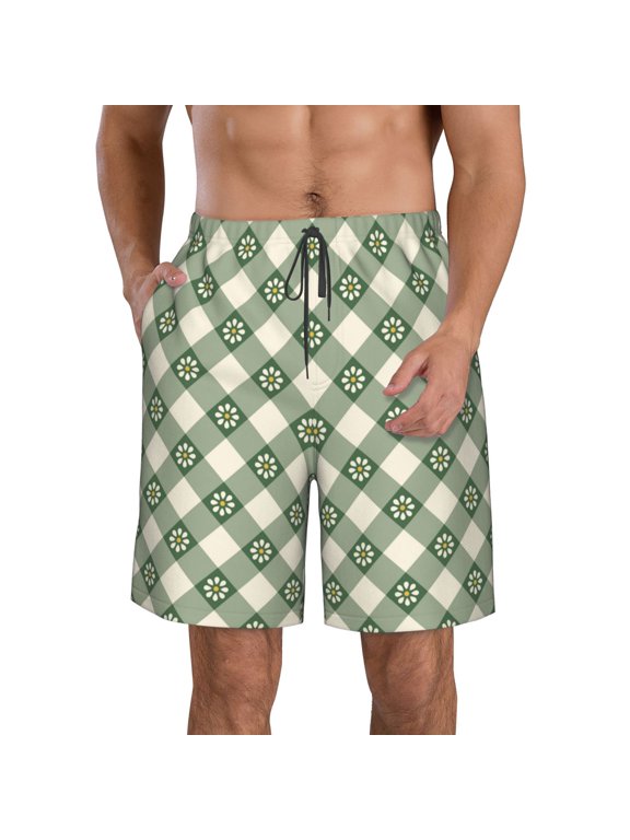 Daisy Plaid Green Pattern Mens Casual Shorts - Drawstring Summer Beach Sports Shorts for Men