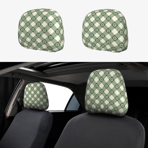 Kdxio Daisy Plaid Green Pattern Print 2 Piece Car Head Rest Covers Set Auto Front/Rear Seats Headrest Cover Universal Fit Most Cars,Sedan, SUV