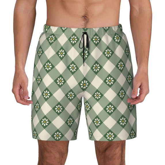 Kdxio Daisy Plaid Green Print Men's Swim Trunks with Compression Liner 7 Inch Inseam Quick Dry Swim Shorts
