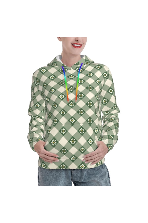 Daisy Plaid Green Print Womens Oversized Hoodies Sweatshirts Hooded Pullover Tops Sweaters Casual-XX-Large