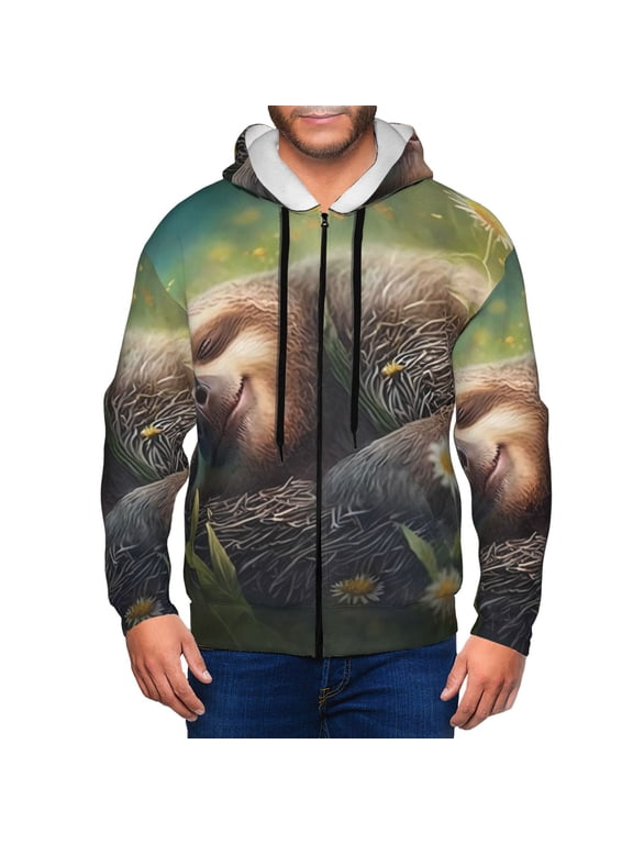 Daisy Sleeping Sloth Print Men Hoodies Casual Hoodies for Men with Zip Pockets Full Zip Long Sleeve Sweatshirt Sports Hooded Jacket-XX-Large