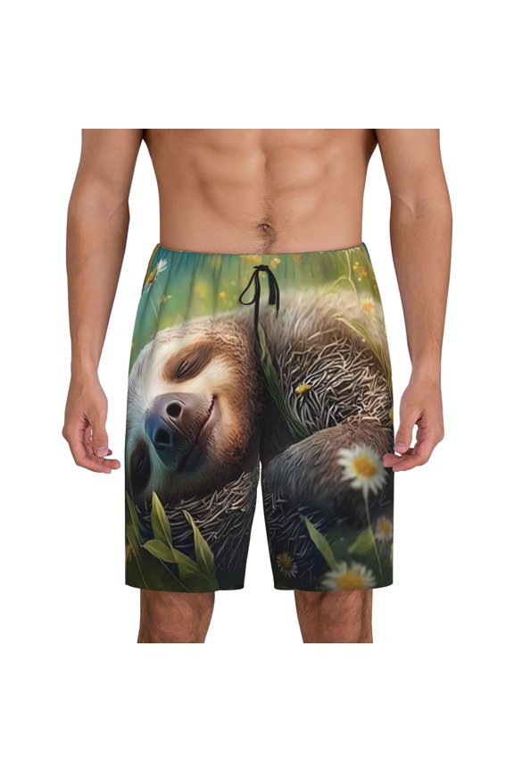 Daisy Sleeping Sloth Print Mens Sleep Shorts Bottoms Soft Comfy Pajama Wear Pants with Drawstring Pockets