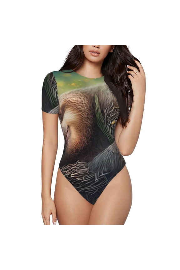 Daisy Sleeping Sloth for Women's Short-Sleeved Onesie Stylish Round Neck Pajamas Bodysuit Jumpsuit Nightwear-Small