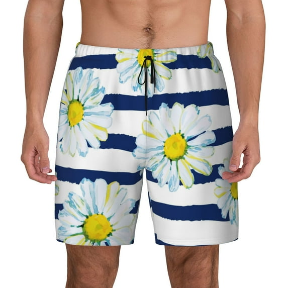 Kdxio Daisy Striped Nautical Print Men'S Swim Trunks With Compression Liner 7 Inch Inseam Quick Dry Swim Shorts