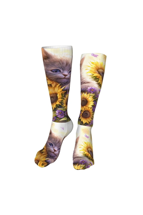 Daisy Sunflower Lazy Cat Funny Silky Novelty Funky Long Knee High Socks Soft 3D Print Cosplay Crazy Stockings for Men Women