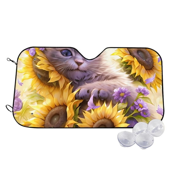 Kdxio Daisy Sunflower Lazy Cat Print Windshield Sun Shade,UV Rays and Sun Heat Protection,Sunshade for Car Windshield,Car Shade Front Windshield - Medium