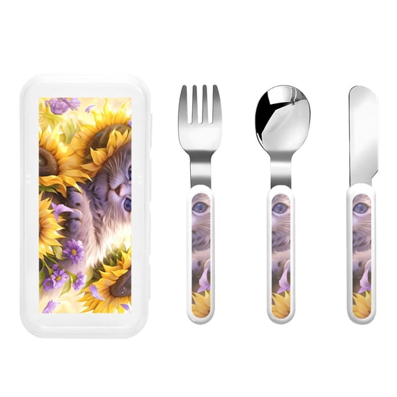Kdxio Daisy Sunflower Lazy Cat Toddler Utensils Set - Kids Silverware Set, Set Kids Utensils Set with Case for Preschooler Children