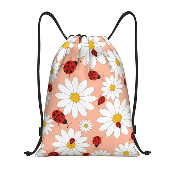 Kdxio Daisy and Ladybug Print Drawstring Backpack Bag,Waterproof Draw String Back Sack, Gym Drawstring Bags Swim Bag For Unisex
