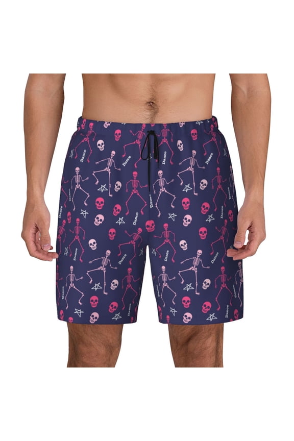 Dance Skull Star Print Men's Swim Trunks with Compression Liner 7 Inch Inseam Quick Dry Swim Shorts