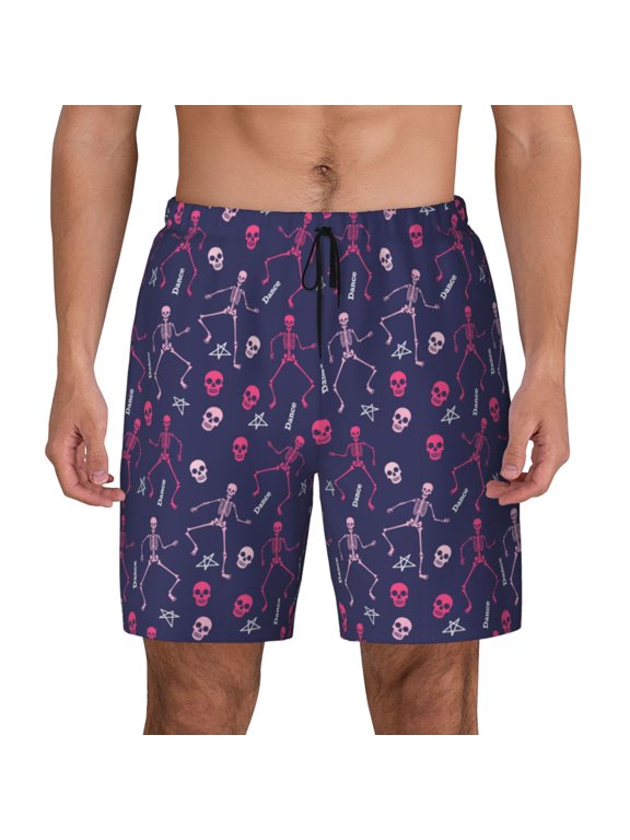Dance Skull Star Print Men's Swim Trunks with Compression Liner 7 Inch Inseam Quick Dry Swim Shorts