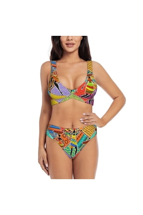 Dancing African Womans Print Women's 2 Piece High Waisted Wrap Spaghetti Strap Summer Swimsuit Bikini Set-X-Large