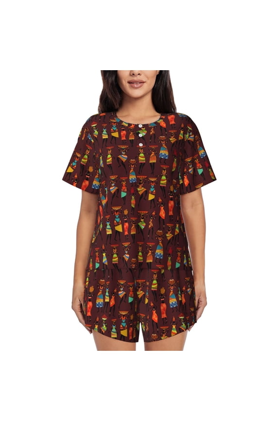 Dancing African Women1 Print Pajamas Sets for Women Short-Sleeved Pjs with Lounge Shorts Two Piece Sleepwear S-4XL