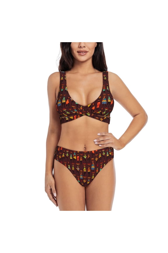 Dancing African Women1 Print Women's 2 Piece High Waisted Wrap Spaghetti Strap Summer Swimsuit Bikini Set-Medium
