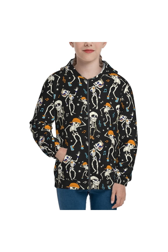 Dancing Skeleton Party Pattern Kids Boys Girls Zip Up Hoodie 3D Printed Hooded Sweatshirt Hoody Coat with Pocket 7-12 Y-Medium
