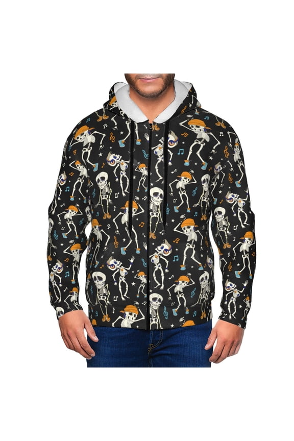 Dancing Skeleton Party Print Men Hoodies Casual Hoodies for Men with Zip Pockets Full Zip Long Sleeve Sweatshirt Sports Hooded Jacket-X-Large