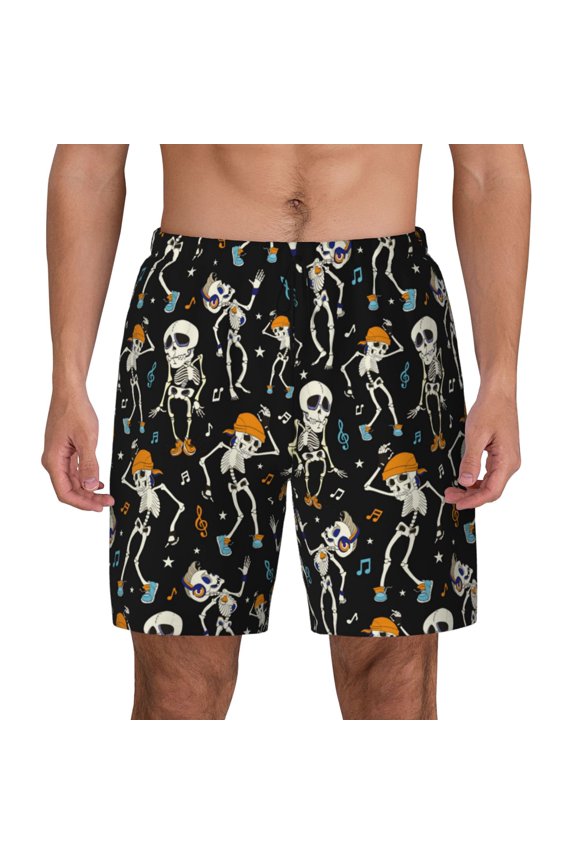 Dancing Skeleton Party Print Men's Swim Trunks with Compression Liner 7 Inch Inseam Quick Dry Swim Shorts