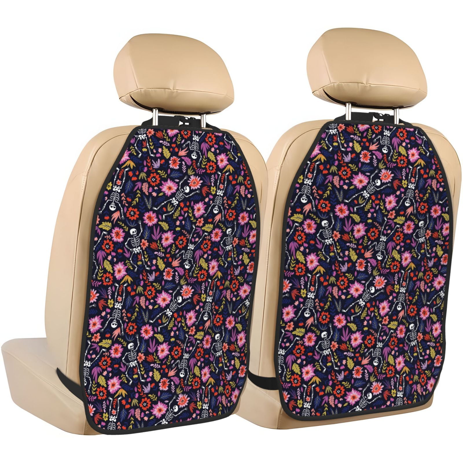Kdxio Dancing Skeletons Floral Garden Print 2 Pack Car Kick Mat Seat Cover Back Protector Mat with Pockets for Organizer Backseat Protector and Storage Anti Kick Pad for Vehicles