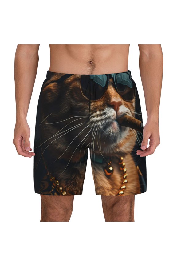 Dapper Cat in Sunglasses Print Men's Swim Trunks with Compression Liner 7 Inch Inseam Quick Dry Swim Shorts