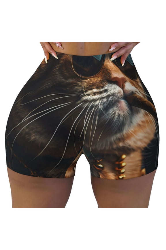 Dapper Cat in Sunglasses Print Workout Shorts for Women Seamless Soft Smooth Gym Yoga Scrunch Active Shorts