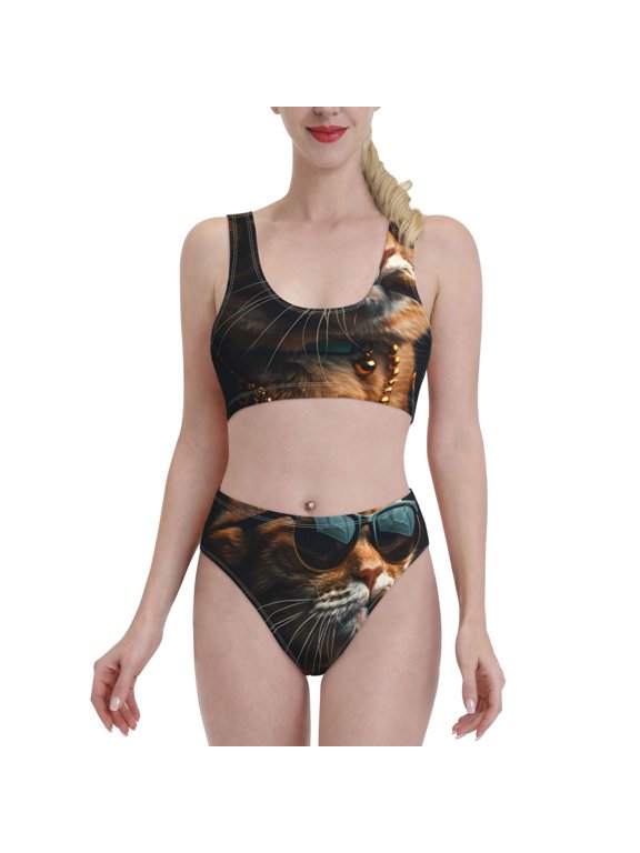 Dapper Cat in Sunglasses for Womens High Waisted Bikini Top Sports Style Two Piece Bathing Suits