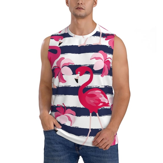 Kdxio Dark Blue Stripes and Pink Flamingos for Men's Muscle T-shirt,Sleeveless for Workout Running Athletic Gym Lounge Casual