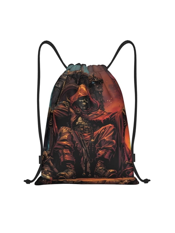 Dark Skull King Throne Print Drawstring Backpack Bag,Waterproof Draw String Back Sack, Gym Drawstring Bags Swim Bag For Unisex