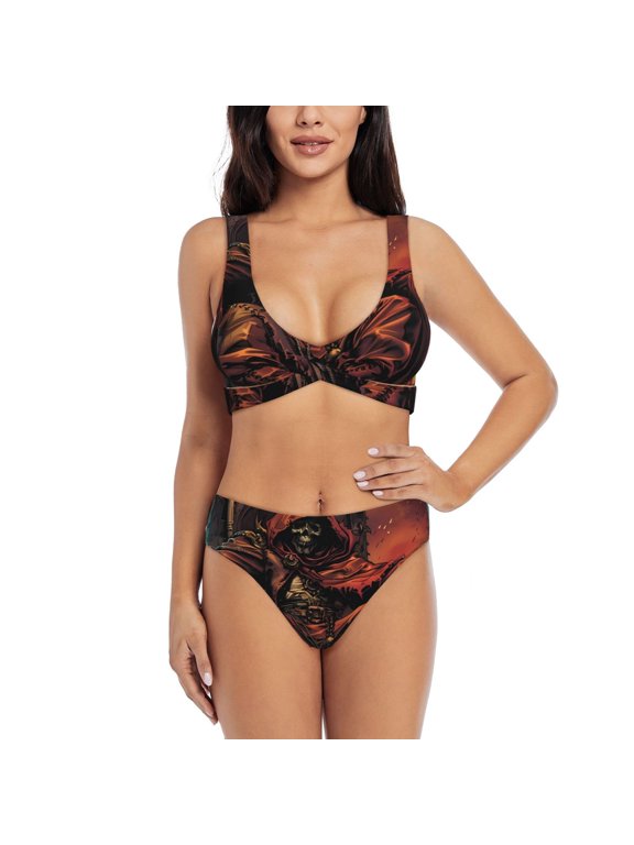 Dark Skull King Throne Print Women's 2 Piece High Waisted Wrap Spaghetti Strap Summer Swimsuit Bikini Set-X-Large
