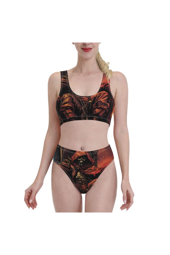 Dark Skull King Throne for Womens High Waisted Bikini Top Sports Style Two Piece Bathing Suits