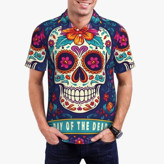 Kdxio Dead Day Party Print Men's Short Sleeve Polo Shirt,Midweight Men's Shirt-Small