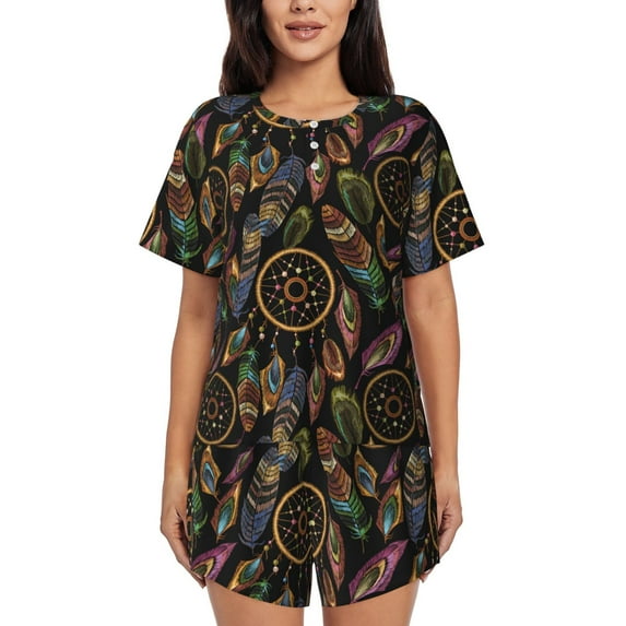Kdxio Decorative Feathers Print Pajamas Sets for Women Short-Sleeved Pjs with Lounge Shorts Two Piece Sleepwear S-4XL