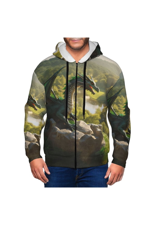 Deep Forest Stone Green Dragon Print Men Hoodies Casual Hoodies for Men with Zip Pockets Full Zip Long Sleeve Sweatshirt Sports Hooded Jacket-Medium