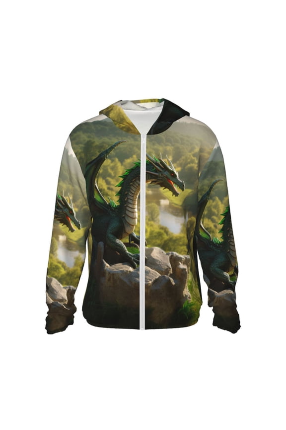 Deep Forest Stone Green Dragon Print Women Men Sun Protection UPF 50+ Jackets Zip Up Long Sleeve Hoodie Hiking Lightweight with Pockets