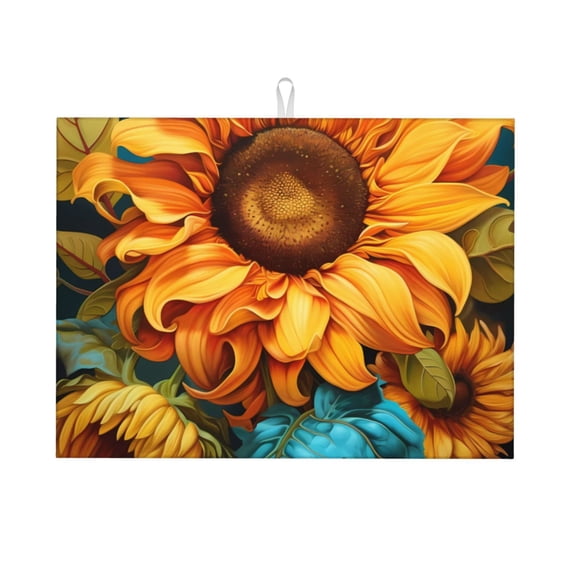 Kdxio Deep Yellow Colorful Sunflower for Dish Drying Mat,24*18 inch Absorbent Dish Drainer Kitchen Counter,Large Size Dish Drying Pad for Countertops,Draining Racks