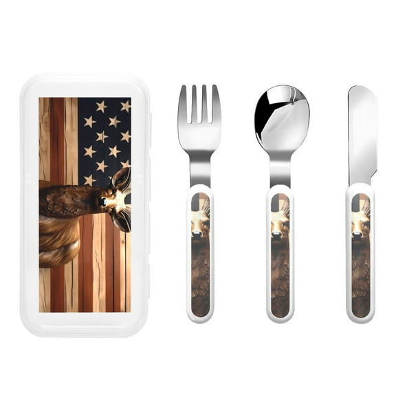 Kdxio Deer American Flag Vintage Toddler Utensils Set - Kids Silverware Set, Set Kids Utensils Set with Case for Preschooler Children