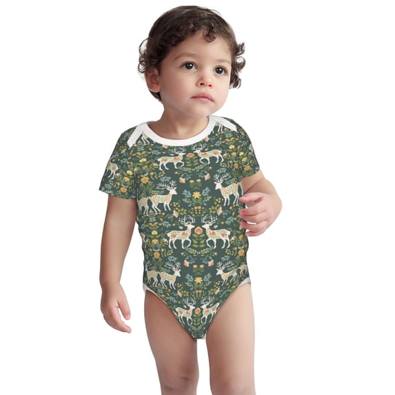 Kdxio Deer And Flowers Pattern Unisex Baby Cotton Short Sleeve Bodysuits-18 Months