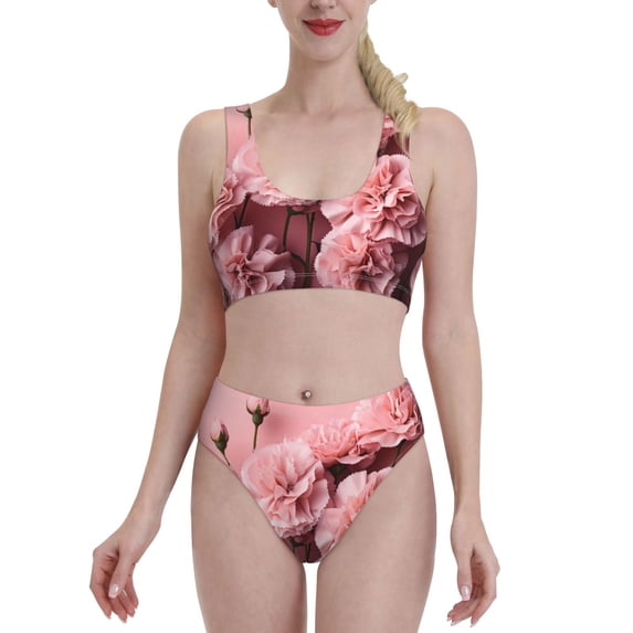 Kdxio Delicate Pink Carnations for Womens High Waisted Bikini Top Sports Style Two Piece Bathing Suits