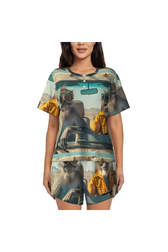 Desert Monkeys Drive Print Pajamas Sets for Women Short-Sleeved Pjs with Lounge Shorts Two Piece Sleepwear S-4XL