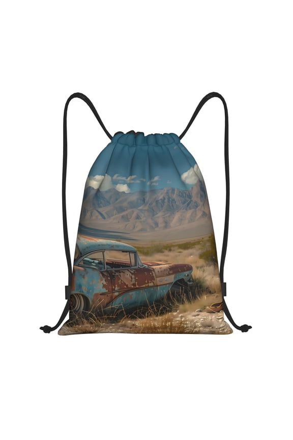 Deserted Classic Car Landscape Print Drawstring Backpack Bag,Waterproof Draw String Back Sack, Gym Drawstring Bags Swim Bag For Unisex