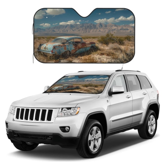 Kdxio Deserted Classic Car Landscape Print Windshield Sun Shade, Foldable Sun Blocker for Car,Truck,SUV Automotive Interior Sun Protection,Reflective Shade for Front Windshield(Medium)