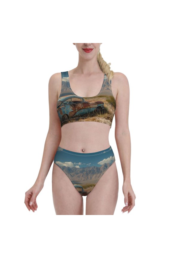 Deserted Classic Car Landscape for Womens High Waisted Bikini Top Sports Style Two Piece Bathing Suits