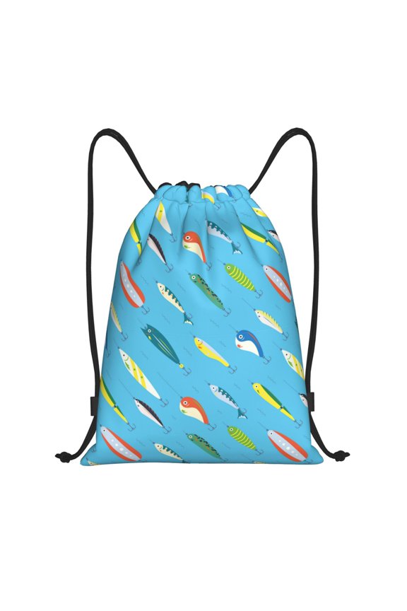 Different Color Fishing Bait Print Drawstring Backpack Bag,Waterproof Draw String Back Sack, Gym Drawstring Bags Swim Bag For Unisex