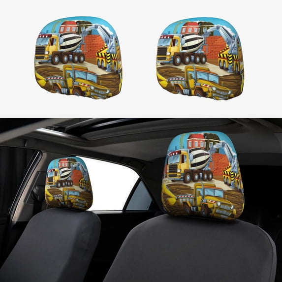 Kdxio Different Construction Site Vehicles Pattern Print 2 Piece Car Head Rest Covers Set Auto Front/Rear Seats Headrest Cover Universal Fit Most Cars,Sedan, SUV