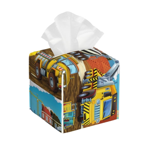 Kdxio Different Construction Site Vehicles Print Tissue Box Cover,Square Decorative PU Leather Facial Paper Case Organizer Holder Dispenser for Bathroom,Night Stands,Desk,Car 5.2''X5.2''X5.2''