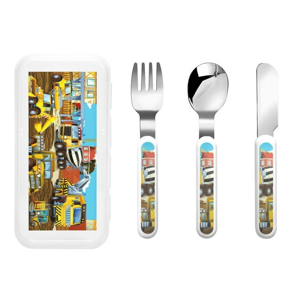 Kdxio Different Construction Site Vehicles Toddler Utensils Set - Kids Silverware Set, Set Kids Utensils Set with Case for Preschooler Children