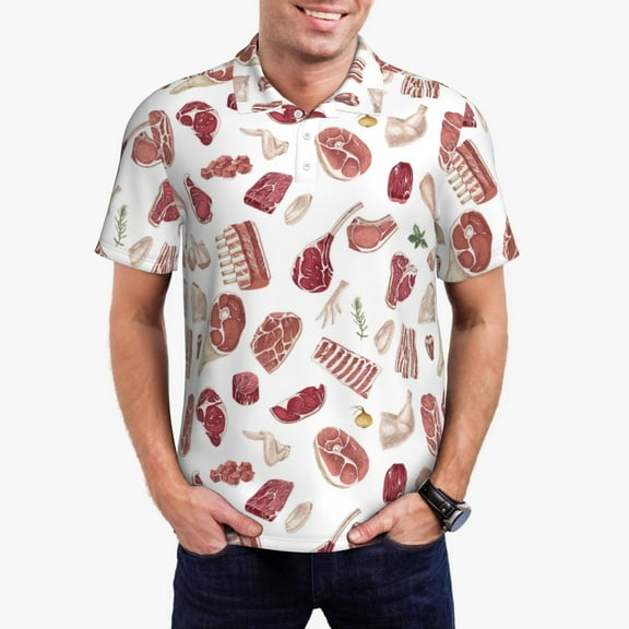 Kdxio Different Meat Print Men's Short Sleeve Polo Shirt,Midweight Men's Shirt