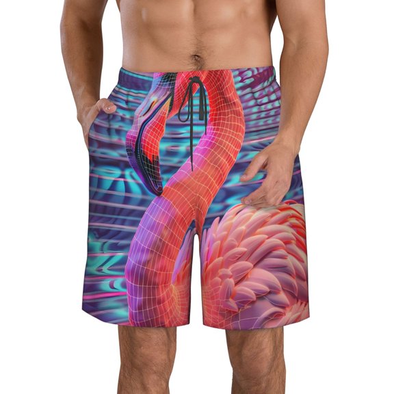 Kdxio Digital Flamingo Vibrant Art Pattern Mens Casual Shorts - Drawstring Summer Beach Sports Shorts for Men